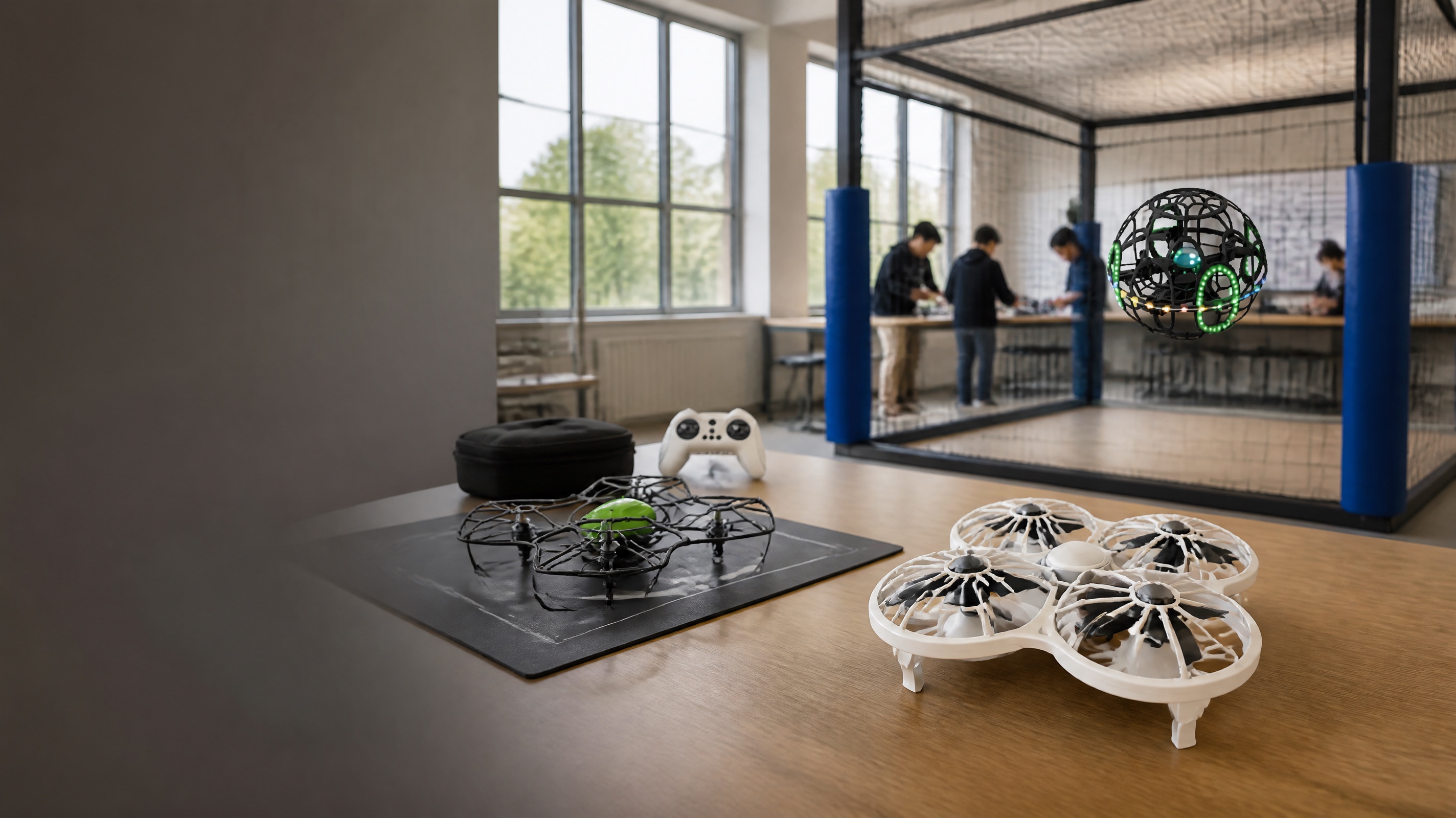 DIY, drone-soccer and carbon-fiber training drones in a modern school lab