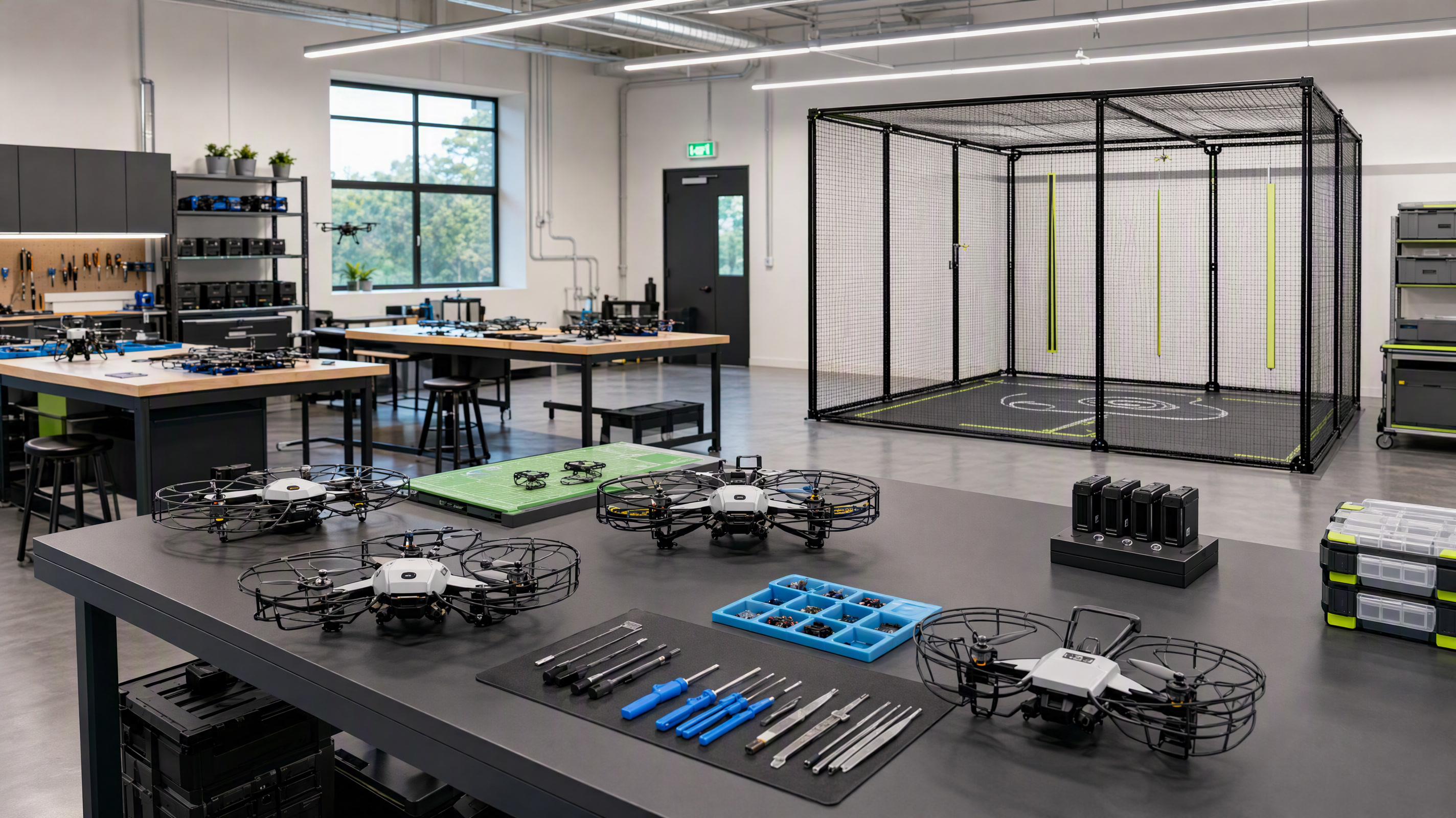 Three distinct education drone types in a contemporary learning and activity space