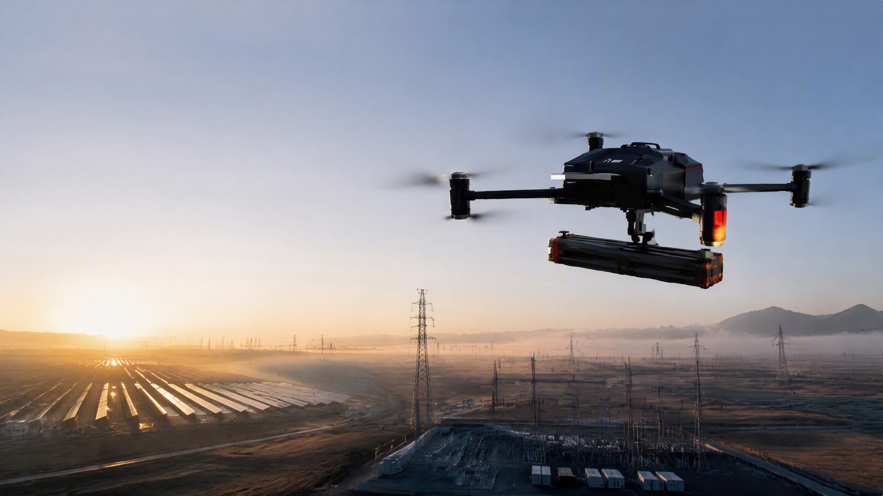 Industrial UAV flying above modern infrastructure