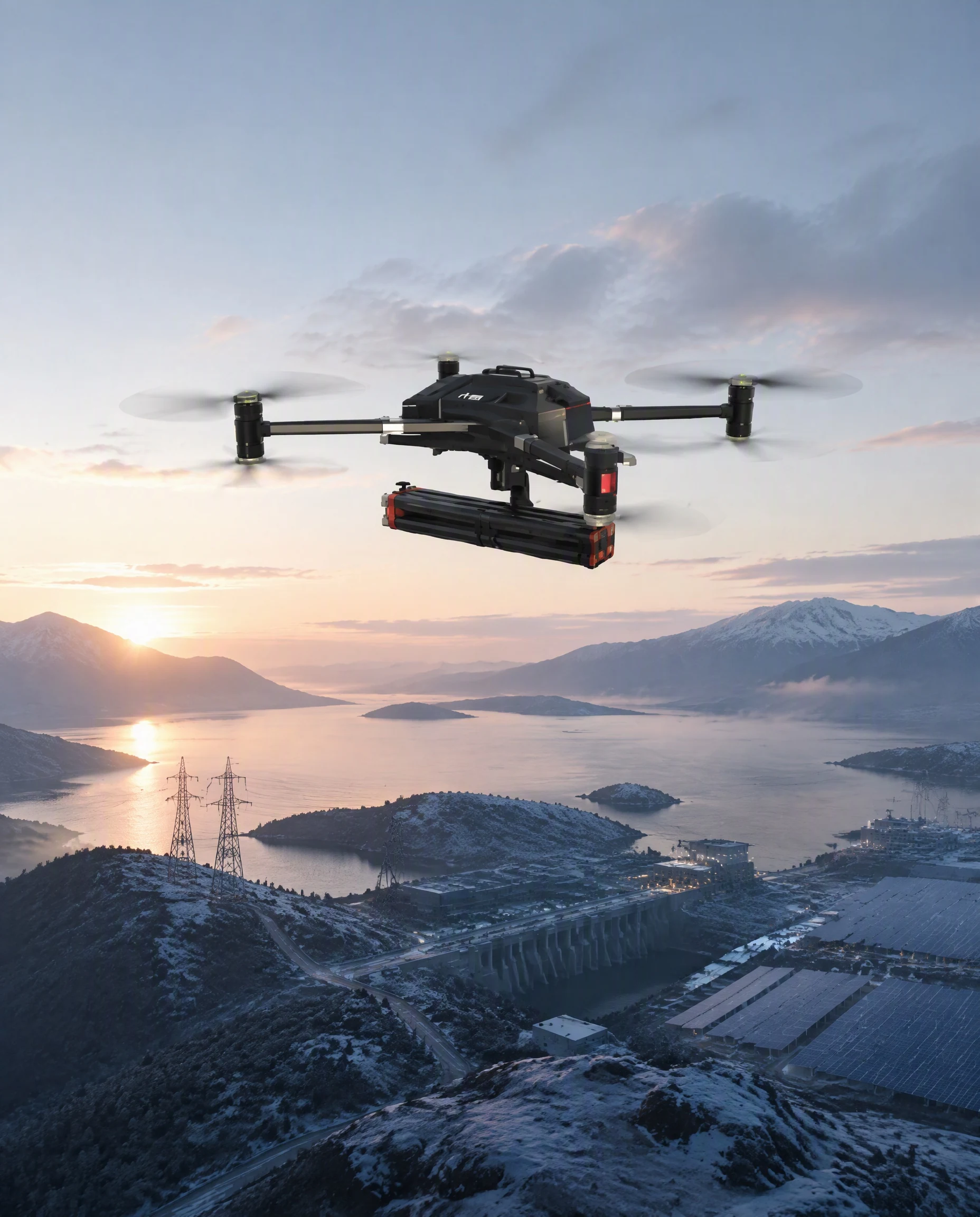 Fully visible civilian industrial UAV above energy infrastructure at dawn