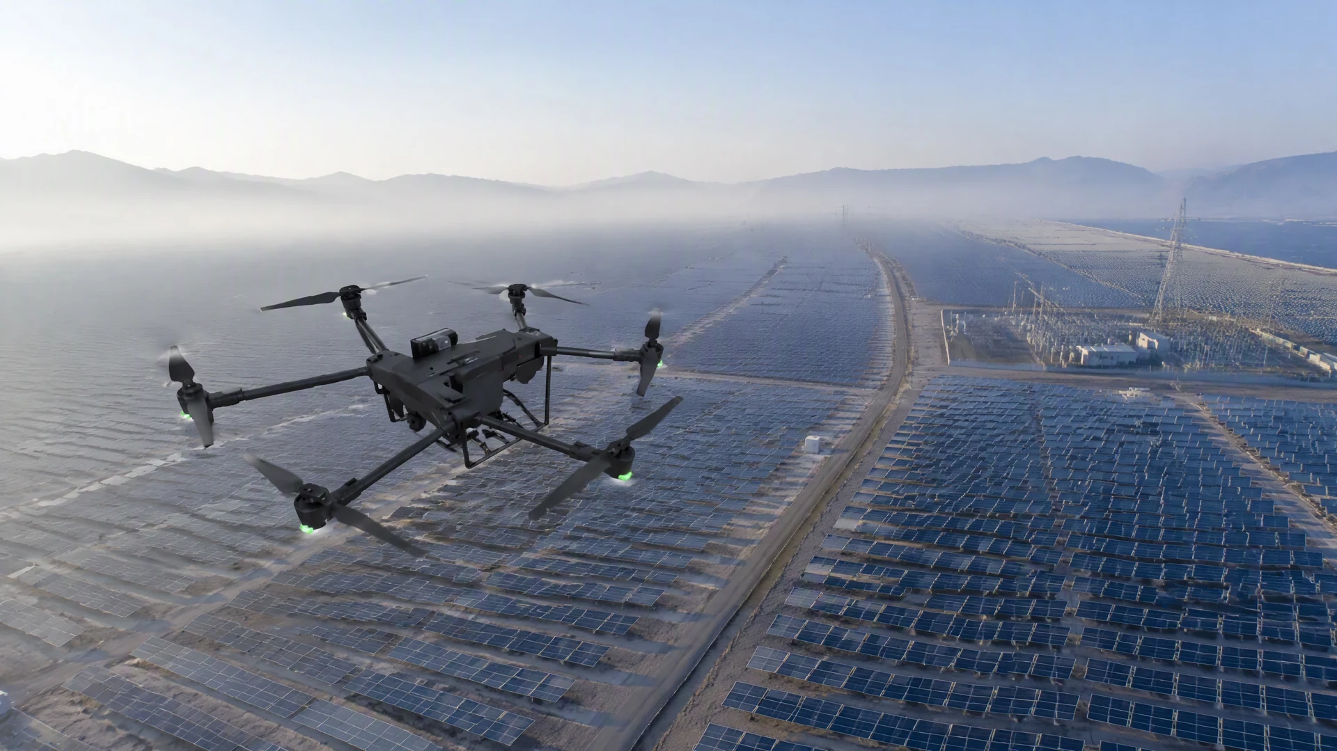 Industrial UAV operating above a solar energy facility